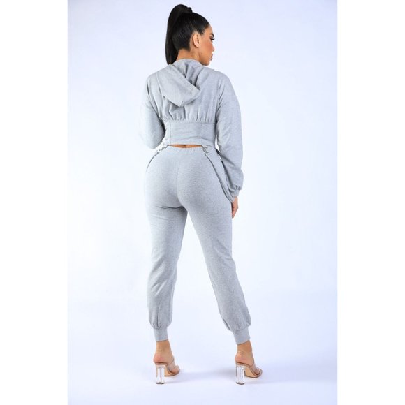 Women's Long Sleeve Zip-Up Strappy Terry Casual Hoodie Two-Piece Set Super Cute - Picture 3 of 11